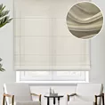 Roleta rzymska beżowa z delikatnie połyskującej tkaniny typu PERU z efektem opalizującym, wykończona obciążnikiem