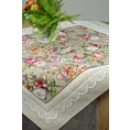 Obrus oliwkowo, różowy 100x100 cm gobelinowy zdobiony tkanym motywem kwiatowym