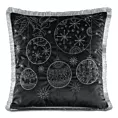 Poszewka na poduszkę 45x45 cm z haftowanym świątecznym motywem z frędzlami na brzegach czarno, srebrna Eurofirany