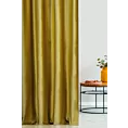 Zasłona szyta na przelotkach musztardowa z tkaniny welwetowej w pionowe prążki, wykończona obciążnikiem