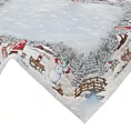 Obrus srebrny 140x180 cm gobelinowy przetykany metaliczną nicią z wzorem zimowego miasteczka