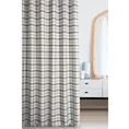 Zasłona szyta na taśmie fala beżowo grafitowa z tkaniny o naturalnym splocie z nadrukowanym wzorem w kratę