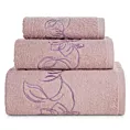 Zestaw ręczników bawełnianych 3 szt kolor pudrowy, liliowy z haftem subtelnych kwiatów 400 g/m2 LILA Eurofirany