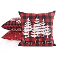 Poszewka na poduszkę 45x45 cm welwetowa czerwono, biała zdobiona świątecznym nadrukiem choinek  Eurofirany