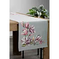 Bieżnik na stół 45x140 cm popielato, różowy gobelinowy zdobiony motywem kwiatów magnolii