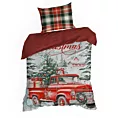 Pościel świąteczna 140x200 cm z bawełny ranforce, kolor czerwono, biały zdobiona uroczym nadrukiem świątecznego auta XMAS Eurofirany