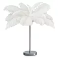 Lampa stojąca do salonu srebrno, biała FERI na metalowej podstawie z niezwykle efektownym abażurem z naturalnych strusich piór Eurofirany