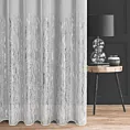 Firana szyta na przelotkach biało srebrzysta z tkaniny typu ADEN z efektem deszczyku, zdobionej niereguralnym srebrnym nadrukiem, wykończona obciążnikiem