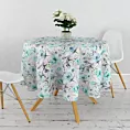 Obrus szyty NICOLA biało jasnoturkusowy z miękkiej tkaniny o naturalnym splocie w malarski kwiatowy wzór