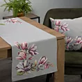 Obrus popielato, różowy 140x180 cm gobelinowy zdobiony motywem kwiatów magnolii