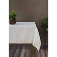 Obrus kremowy 145x400 cm LILIAN z delikatnym wzorem liści z tkaniny przeplatanej złotą nicią z elegancką podwójną listwą