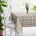 Obrus szyty beżowo musztardowy z tkaniny z dodatkiem bawełny i nici metalicznej, o wzorze w kratę, zawiera 20% bawełny