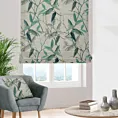 Roleta rzymska zielono kremowa z tkaniny o naturalnym splocie z dodatkiem lnu, zdobionej nadrukiem w kształcie liści