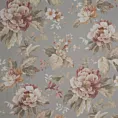 Roleta rzymska popielato ceglasta z tkaniny z dodatkiem bawełny i nici metalicznej, o wzorze w kwiaty, zawiera 20% bawełny