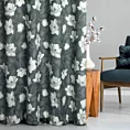 Zasłona szyta na taśmie fala grafitowo kremowa z miękkiej, welwetowej tkaniny, z nadrukowanym dużym wzorem kwiatowym