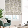 Roleta rzymska popielato musztardowa z tkaniny z dodatkiem bawełny i nici metalicznej, o wzorze roślinnym, zawiera 20% bawełny