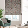Roleta rzymska popielato ceglasta z tkaniny z dodatkiem bawełny i nici metalicznej, o wzorze w kwiaty, zawiera 20% bawełny