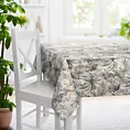 Obrus szyty biało srebrny miękka, welwetowa, z nadrukowanym motywem botanicznym i błyszczącymi elementami