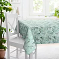 Obrus szyty miętowy z tkaniny o naturalnym splocie z kwiatowym wzorem