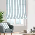 Roleta rzymska jasnokremowo turkusowa z tkaniny o naturalnym splocie z nadrukowanym wzorem w pasy