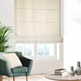 Roleta rzymska kremowo złota z szenilowej tkaniny w drobny geometryczny wzór przetykany błyszczącą nicią