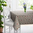 Obrus szyty popielato ceglasty z tkaniny z dodatkiem bawełny i nici metalicznej, o wzorze w kwiaty, zawiera 20% bawełny
