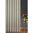Firana szyta na taśmie 8 cm beżowa z etaminy przeplatanej delikatnie połyskującą nicią tworzącą pionowe, nieregularne paseczki