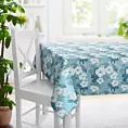 Obrus szyty niebieski z tkaniny o naturalnym splocie z kwiatowym wzorem