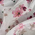 Roleta rzymska biało różowa z tkaniny typu ETAMINA z kwiatowym nadrukiem, wykończona obciążnikiem