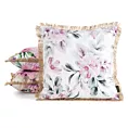 Poszewka na poduszkę 45x45 cm z tkaniny wodoodpornej na taras oraz balkon zdobiona nadrukiem kwiatów i frędzli biało, różowa GARDEN Eurofirany