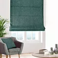 Roleta rzymska ciemnozielona z tkaniny z dodatkiem połyskującej nici, z widocznym ozdobnym splotem