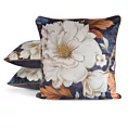 Poszewka na poduszkę 45x45 cm welwetowa  granatowo, kremowa z nadrukiem kwiatów FLORA 2