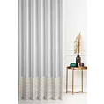 Firana szyta na tunelu biało złota z matowej tkaniny z szerokim pasem haftowanym we wzór geometryczny, wykończona obciążnikiem