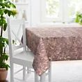 Obrus szyty pudrowo różowo złocisty z tkaniny welwetowej zdobionej połyskującym drukiem