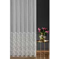 Firana szyta na flexach biało złota z tkaniny typu BATYST z delikatnie połyskującym, geometrycznym nadrukiem na dole tkaniny, wykończona obciążnikiem
