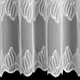 Firana szyta na taśmie 5 cm biała z matowej tkaniny z efektem deszczyku zdobionej haftem w formie poziomych pasów