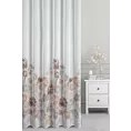 Firana szyta na tunelu biało brązowa z delikatnej tkaniny typu BATYST, zdobionej nadrukiem roślinnym, wykończonej obciążnikiem