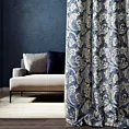 Zasłona szyta na taśmie 5 cm PERUGIA granatowa ze szlachetnej tkaniny z dużym roślinnym wzorem