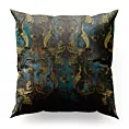 Poszewka szyta ciemnoturkusowo złota z miękkiej tkaniny w elegancki ornamentowy wzór