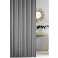 Zasłona szyta na przelotkach srebrna z gładkiej tkaniny zaciemniającej typu dimout wykończona obciążnikiem