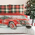 Pościel świąteczna 220x200 cm z bawełny ranforce, kolor czerwono, biały zdobiona uroczym nadrukiem świątecznego auta XMAS Eurofirany
