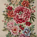 Obrus naturalno, różowy 100x100 cm gobelinowy zdobiony motywem kwiatów