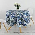 Obrus szyty ESHTER biało turkusowy z miękkiej tkaniny typu blackout drukowanej w malarski kwiatowy wzór