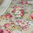 Obrus oliwkowo, różowy 140x180 cm gobelinowy zdobiony tkanym motywem kwiatowym