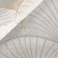 Roleta rzymska biało złota z tkaniny typu BATYST z delikatnie połyskującym, geometrycznym nadrukiem na dole tkaniny, wykończona obciążnikiem