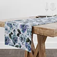 Obrus szyty ESHTER biało turkusowy z miękkiej tkaniny typu blackout drukowanej w malarski kwiatowy wzór