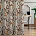 Zasłona szyta na taśmie fala brązowo kremowa z tkaniny o naturalnym splocie z dodatkiem lnu, zdobionej nadrukiem w kształcie liści