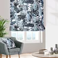 Roleta rzymska MARINA biało granatowa z miękkiej tkaniny typu blackout drukowanej w egzotyczne liście
