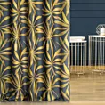 Zasłona szyta na taśmie fala grafitowo musztardowa z tkaniny o naturalnym splocie z botanicznym wzorem