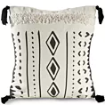 Poszewka na poduszkę 45x45 cm z ozdobnymi pomponami z geometrycznym nadrukiem kremowo, stalowa BOHO Eurofirany